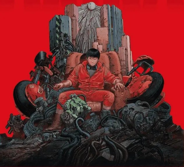  Affiche officielle du film Akira (1988) montrant Kaneda marchant vers sa moto rouge sur fond de ville futuriste.