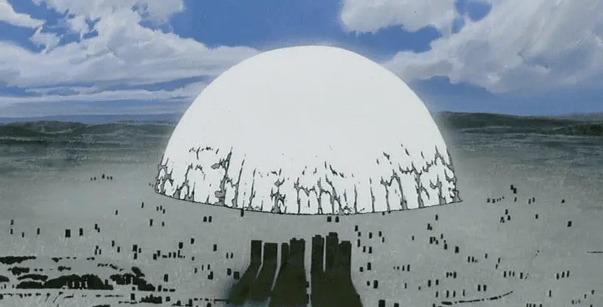 Vue aérienne de l'explosion qui anéantit Tokyo, marquant le début de l'ère post-apocalyptique d'Akira. 